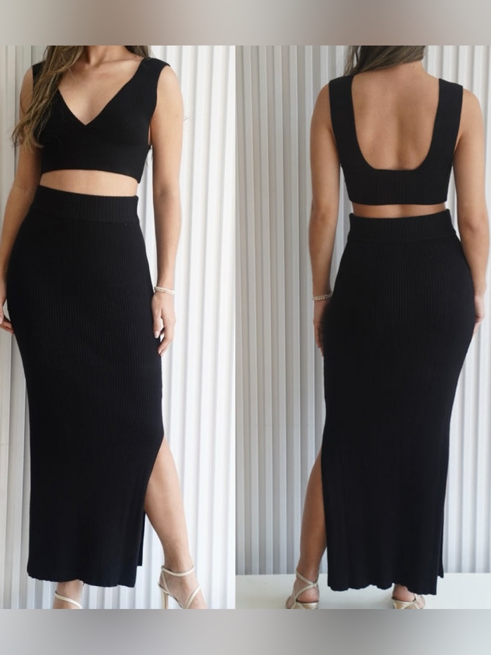 . Sincerely Jules Black Ribbed 2 Piece V-Neck Crop Top & High Waist Midi Skirt